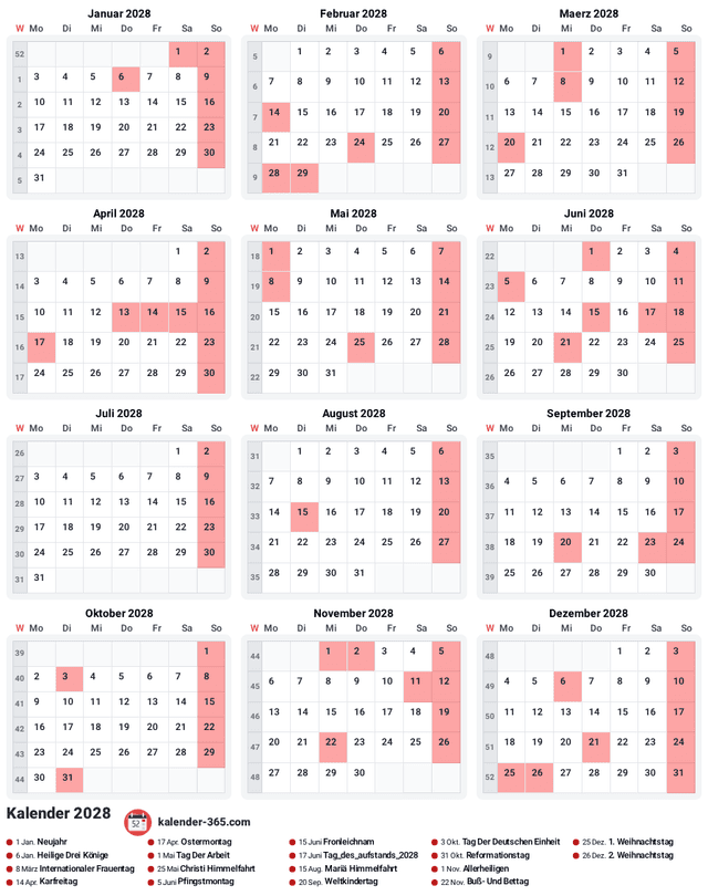 Kalender 2028 Hochformat