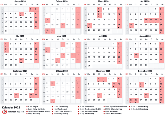 Kalender 2028 Querformat
